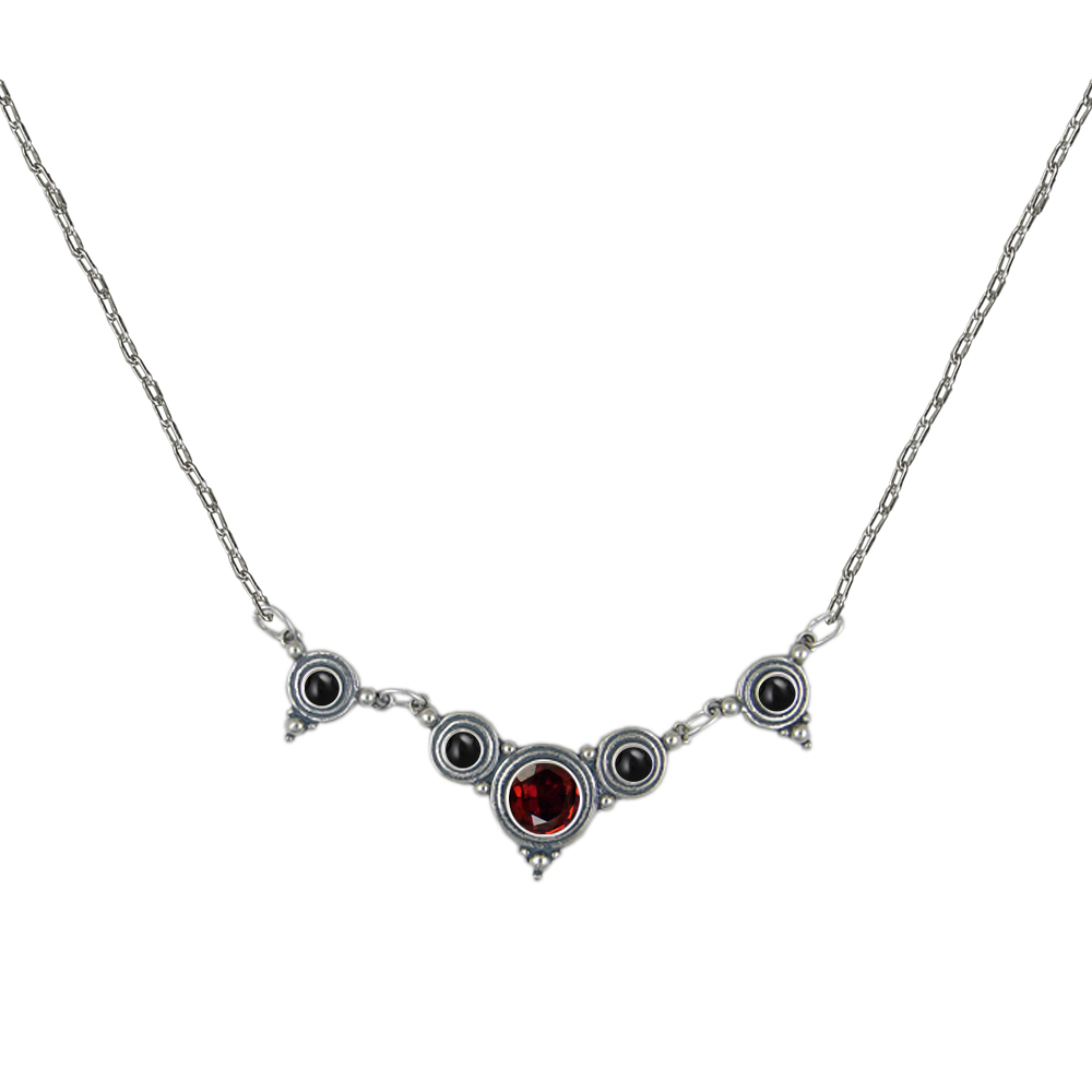 Sterling Silver Gemstone Necklace With Garnet And Black Onyx